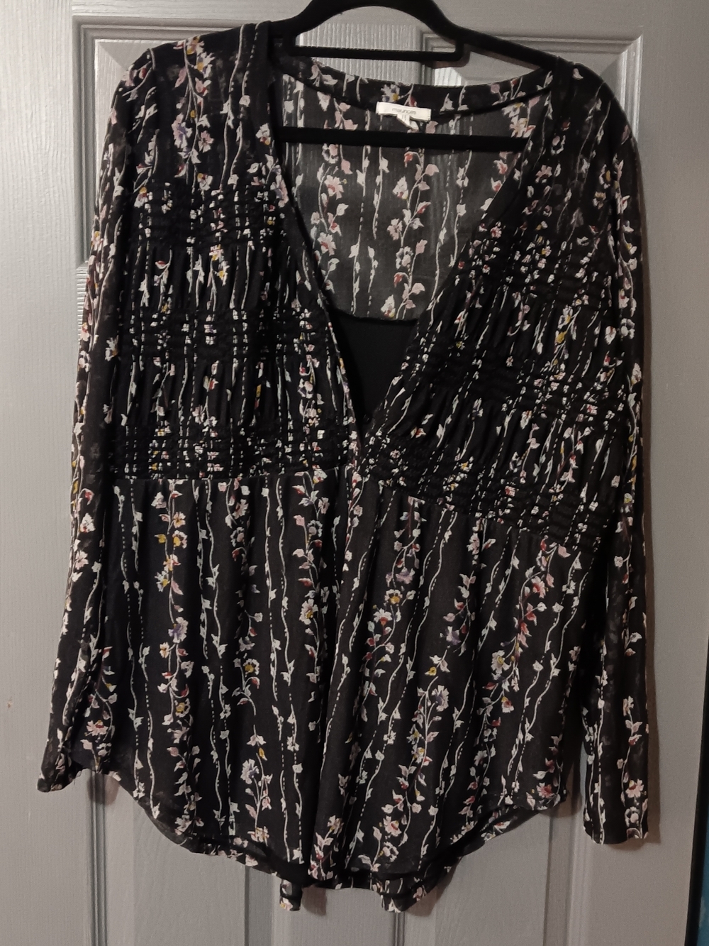 Maurices Black Floral V-Neck Smocked Long Sleeve Blouse